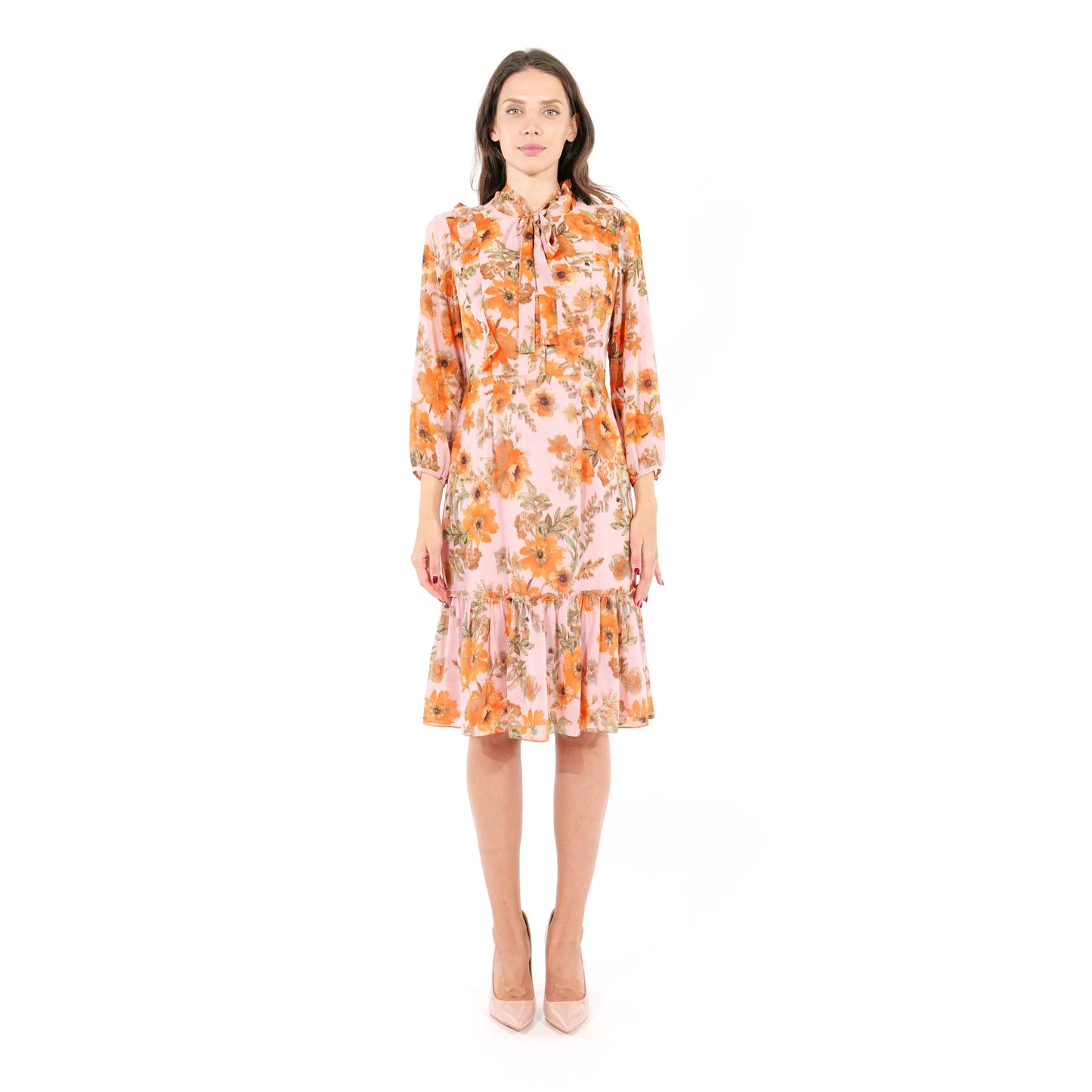 Gathered floral-print crepon midi dress