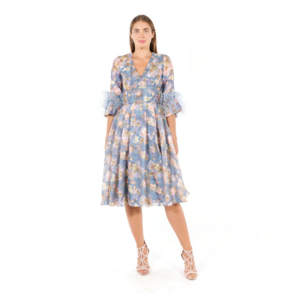 Corded lace-paneled floral-print crepe de chine midi dress