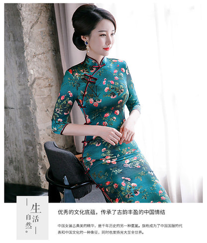 Floral pattern, jacquard silk satin long Qipao