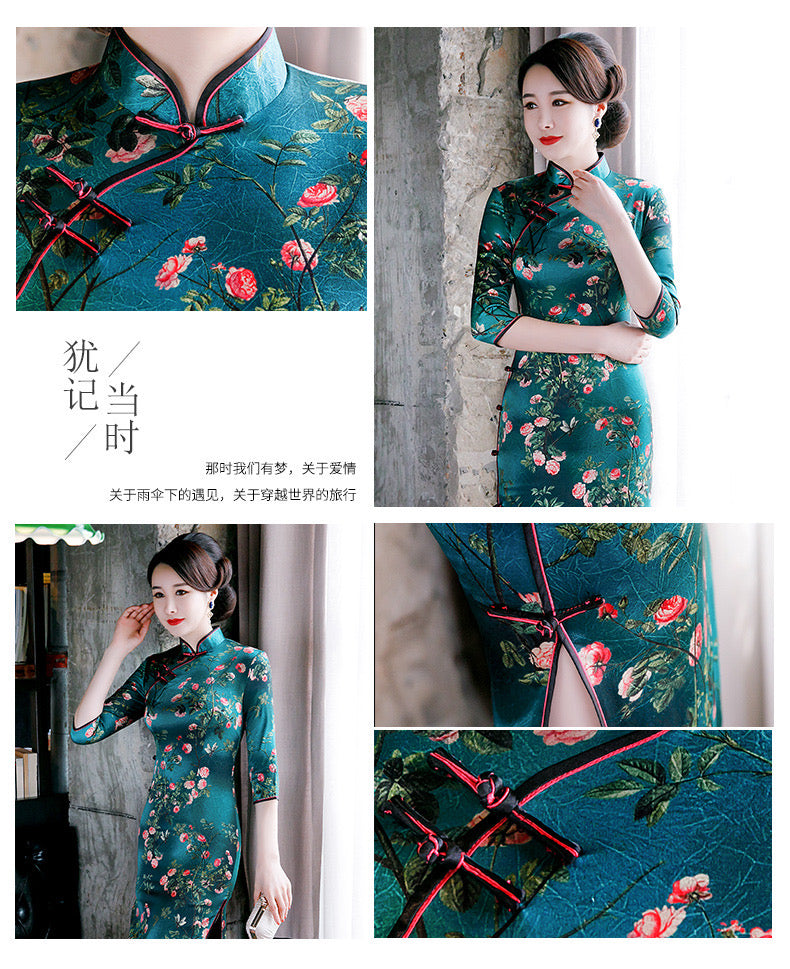 Floral pattern, jacquard silk satin long Qipao