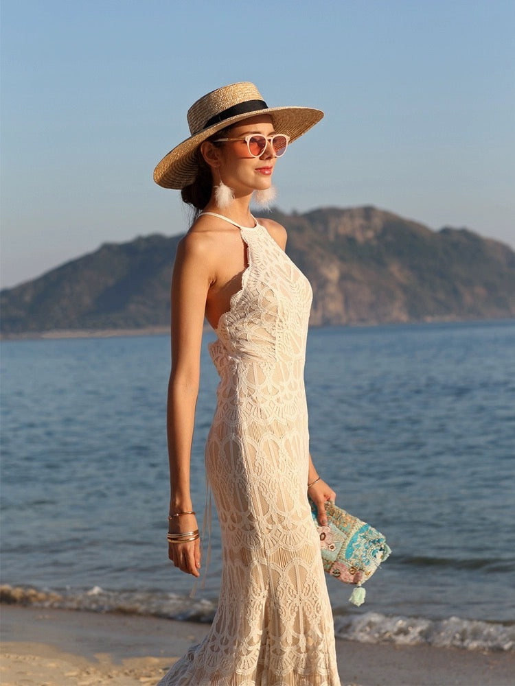 Embellished Halter Maxi Dress in Ivory