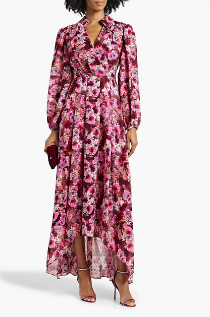 Wrap-effect floral-print fil coupé chiffon dress