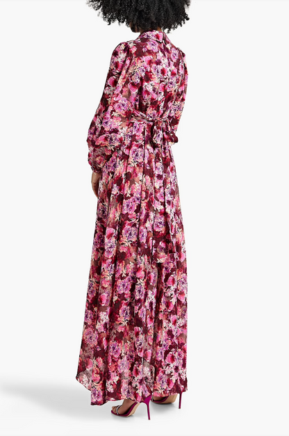 Wrap-effect floral-print fil coupé chiffon dress