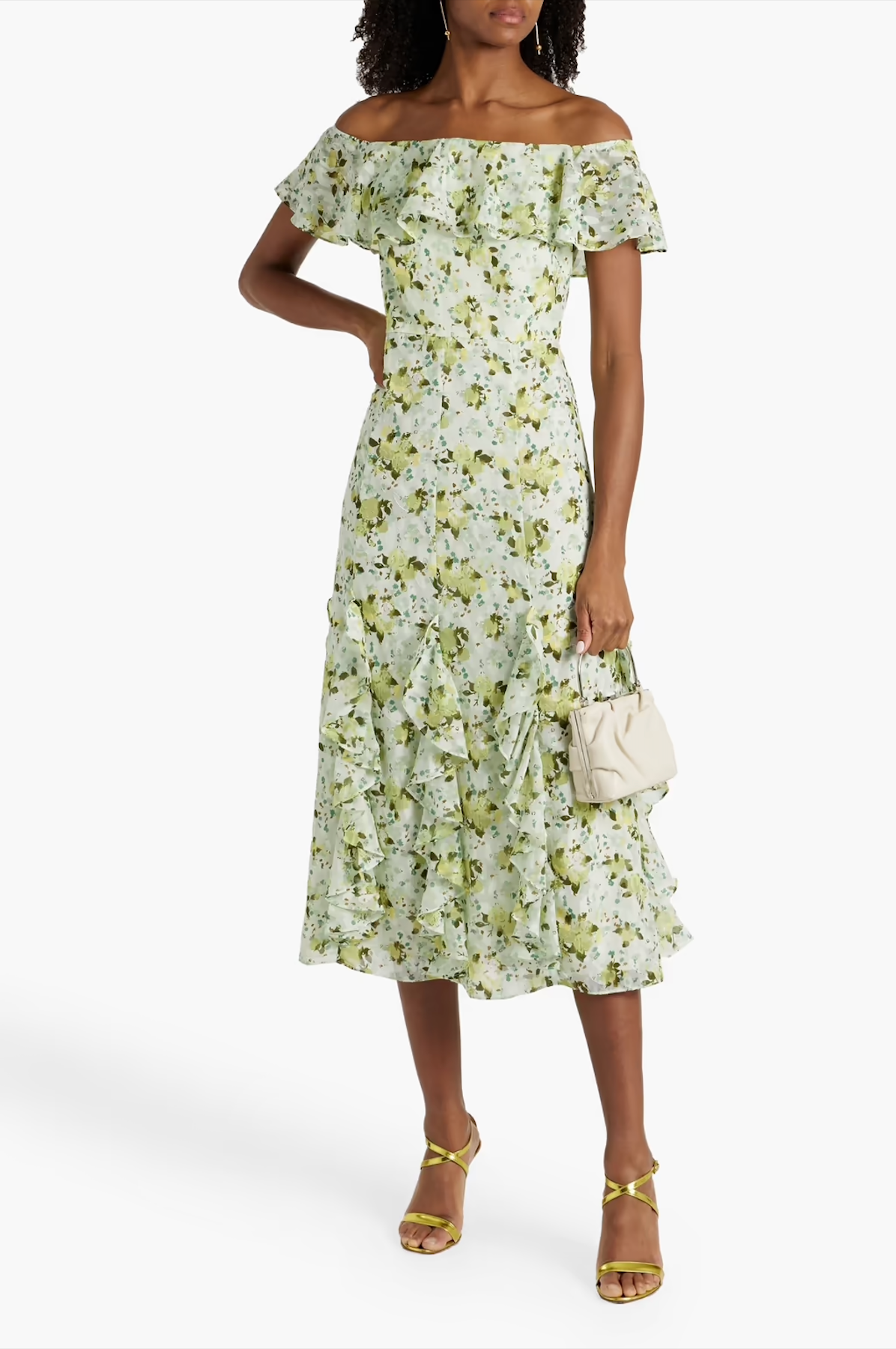 Off-the-shoulder ruffled printed fil coupé jacquard midi dress