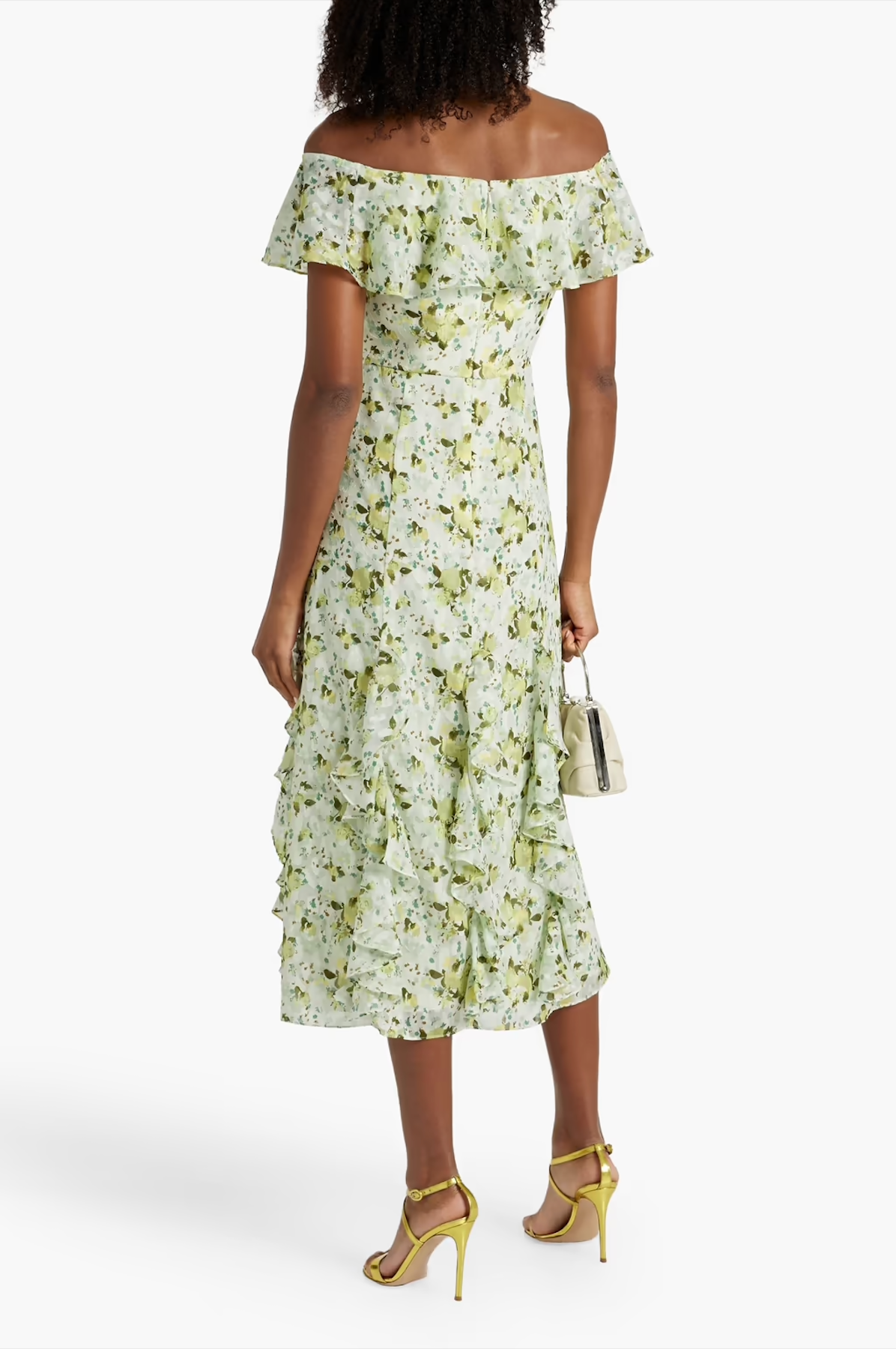 Off-the-shoulder ruffled printed fil coupé jacquard midi dress