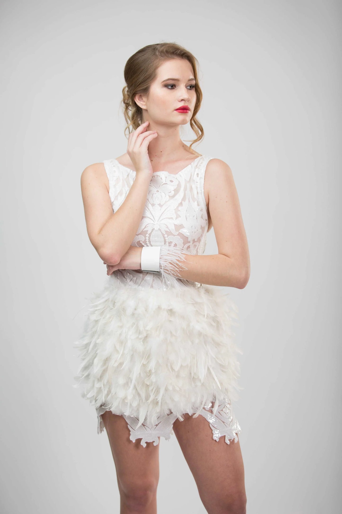 WHITE LACE FEATHER DRESS