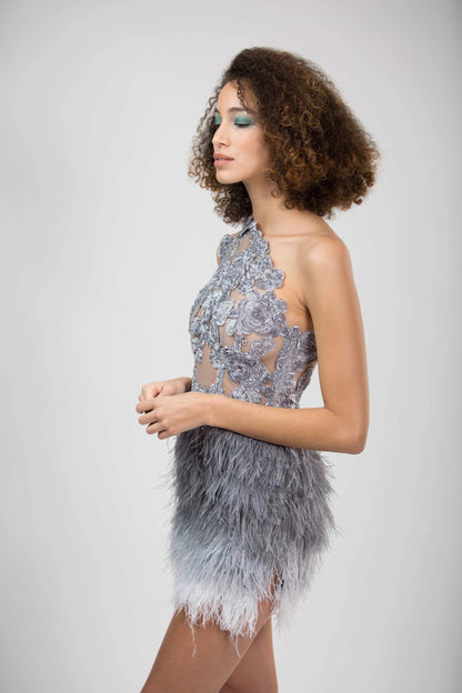 GREY OMBRÉ ASYMMETRICAL FEATHER DRESS