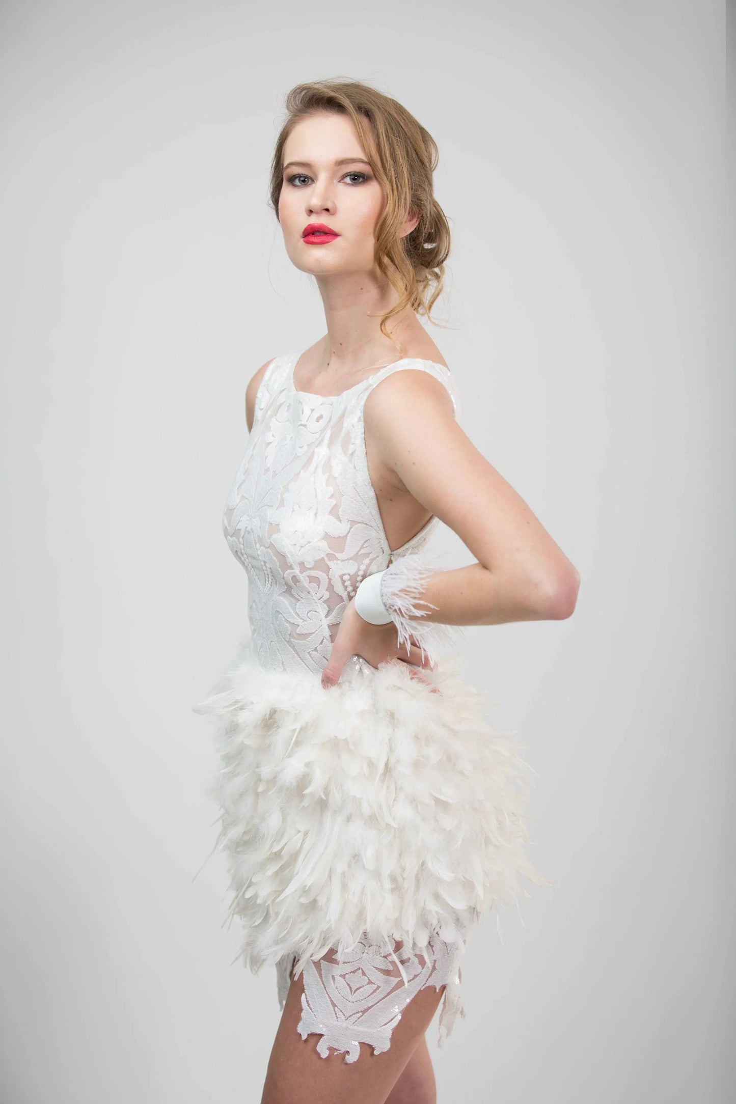 WHITE LACE FEATHER DRESS