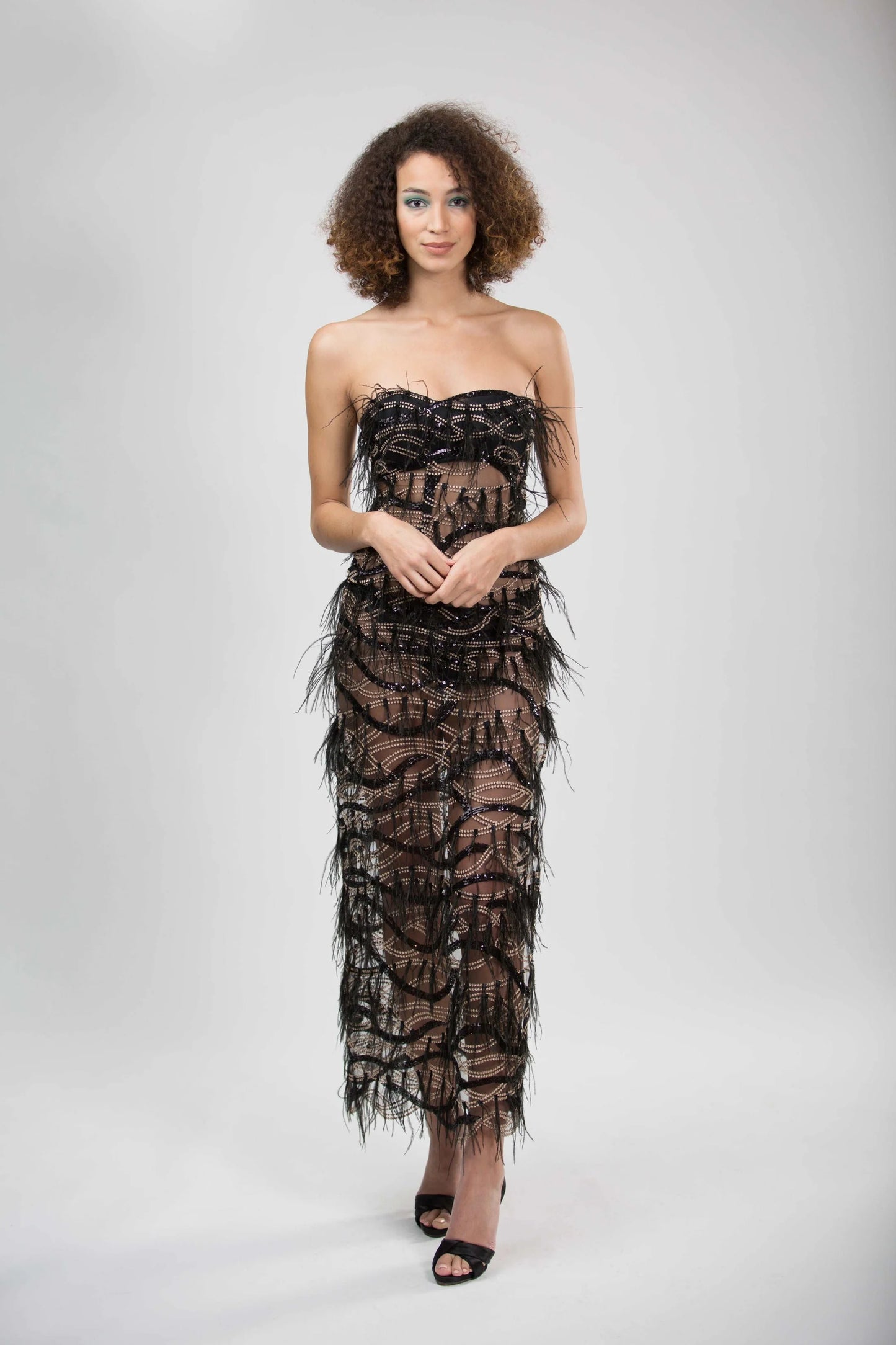 BLACK GALA LACE FEATHER DRESS