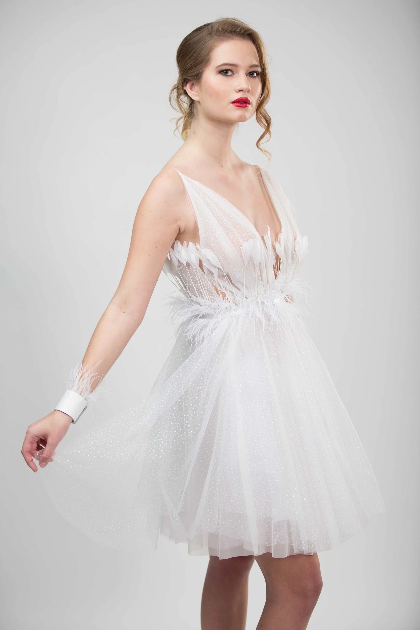 WHITE GLITTER TULLE FEATHER DRESS