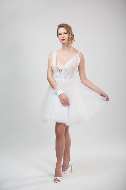 WHITE GLITTER TULLE FEATHER DRESS