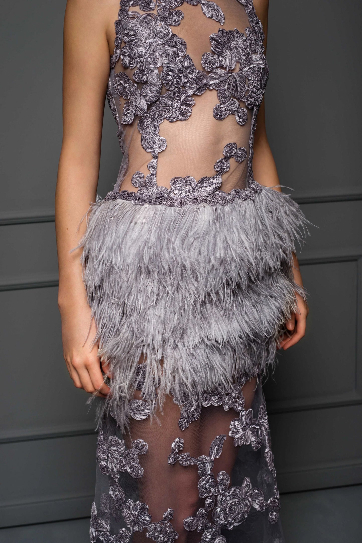 GREY RED CARPET FEATHER GOWN