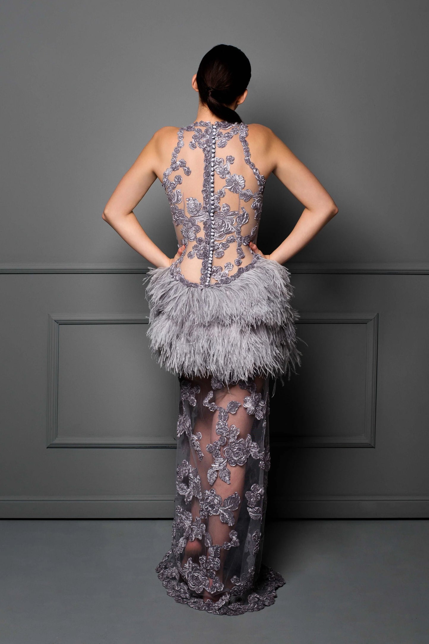 GREY RED CARPET FEATHER GOWN