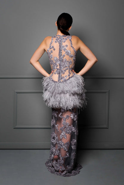 GREY RED CARPET FEATHER GOWN